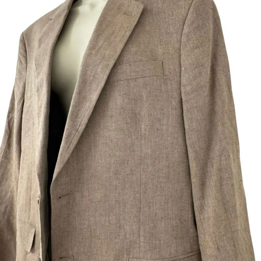 Stafford Signature Classic Fit Brown Herringbone Linen Suit Jacket Blazer 44 R